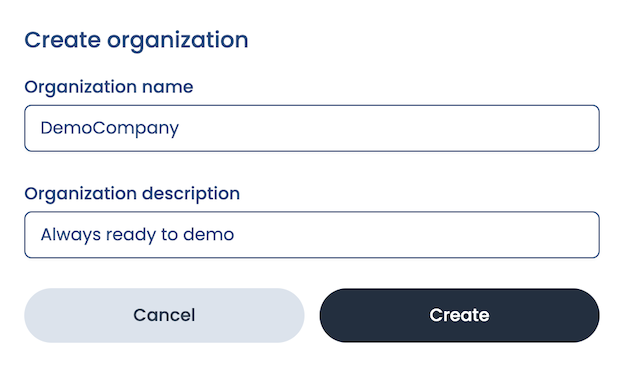 Organization creation screen with fields for name and description